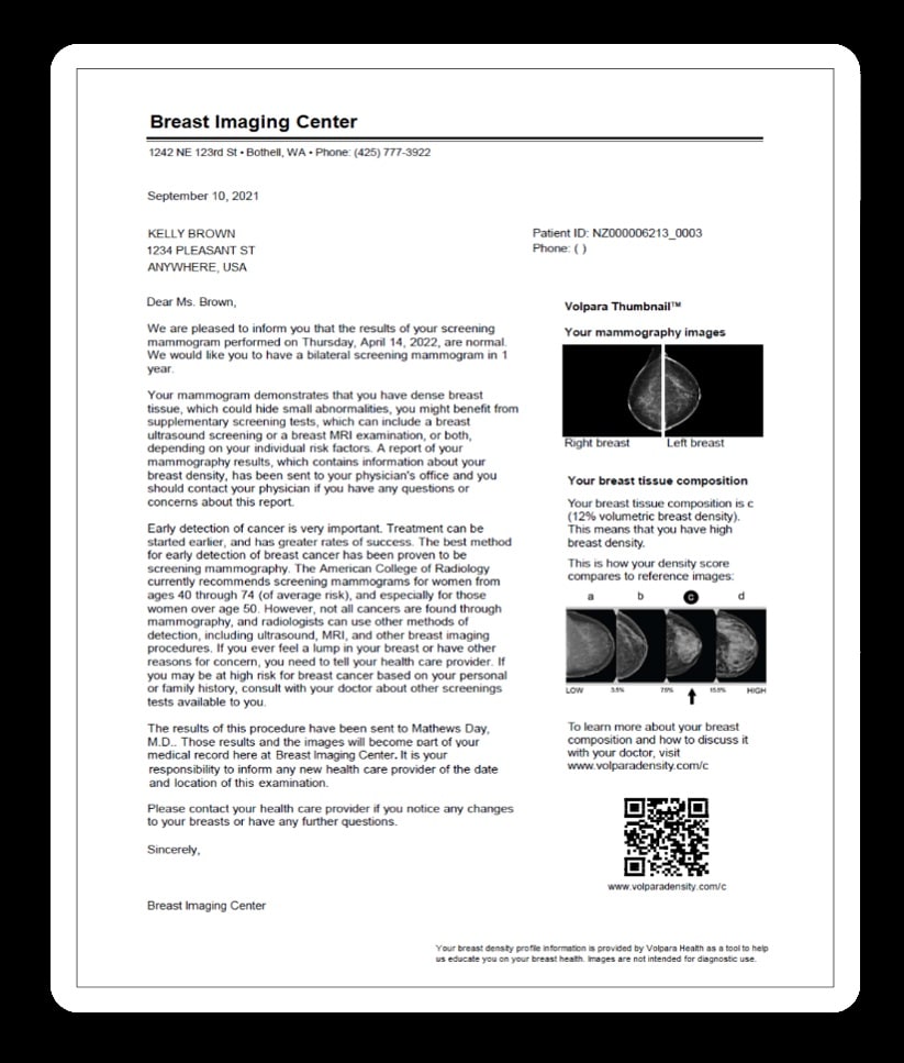 Example patient letter from a mammography reporting system showing breast density visuals and BI-RADS categories to support patient education and clear communication.